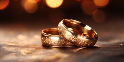 Wall Mural - Golden wedding rings close-up lie on top of each other on a blurred background of festive illumination.