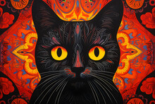 Psychedelic Black Cat Abstract Colorful Illustration