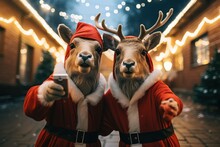 Two Christmas Reindeer In Santa Claus Costume Celebrating Christmas And New Year Taking Selfie With Phone