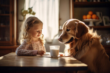 Beautiful little girl is posing with a golden retriever dog at the kitchen table. Cute baby and her pet preparing for breakfast at home. Happy smiling girl and puppy enjoy their time spent together.