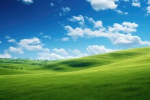 Green Field And Blue Sky With Clouds. Nature Composition. 3d Render, Hilly Green Landscape View With Green Grass And Beautiful Sky, AI Generated