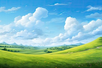 Canvas Print - Green meadow with flowers and blue sky with white clouds, illustration, Hilly green landscape view with green grass and beautiful sky, AI Generated