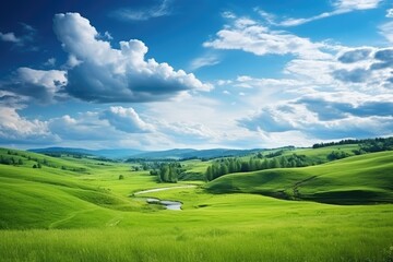 beautiful summer landscape with green meadow and blue sky with clouds, hilly green landscape view wi