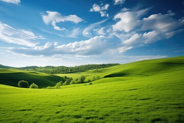 Wall Mural - beautiful spring landscape with green field and blue sky. Nature composition, Hilly green landscape view with green grass and beautiful sky, AI Generated