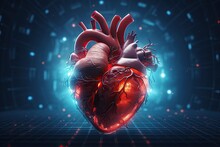Human Heart In Digital Background. 3d Illustration. Elements Of This Image Furnished By NASA, Human Heart On Blue Background. 3d Rendering, 3d Illustration, AI Generated