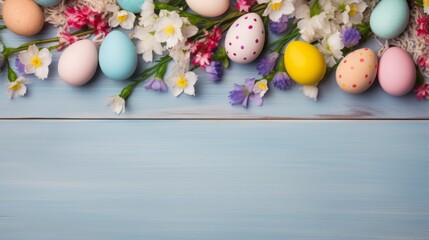 Wall Mural - A border of colorful Easter eggs and spring flowers