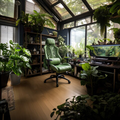 Aufkleber - Green Home Office with Lush Indoor Plants and Modern Ergonomic Chair.