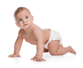 Poster - Cute little baby in diaper crawling on white background