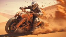 AI Generated Illustration Of A Person In A Protective Helmet Riding A Bike In A Desert