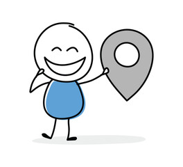 Wall Mural - Funny cartoon stickman holding map pin icon. Hand drawn design for a business presentation. Vector illustration