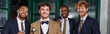 bachelor party banner, happy interracial best men and groom in suits holding glasses of whiskey