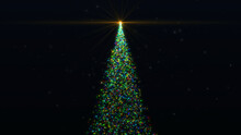 Abstract Christmas Tree With Glowing Top. A Christmas Tree In The Form Of A Cone Of Scattering Sparkling Multi-colored Lights Against The Background Of Falling Snow. Christmas And New Year's Decoratio