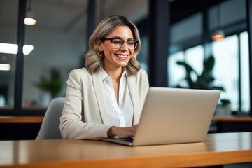 Wall Mural - Happy mid aged business woman working on laptop in office. hr manager communicating by conference call, remote online job interview on laptop