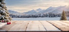 Winter Wooden Table For Product Presentation. Empty Wooden Table In Front Of Blurred Winter Holiday Background 