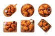 collection of crispy fried chicken on a wooden cutting board isolated on a transparent background, cut out