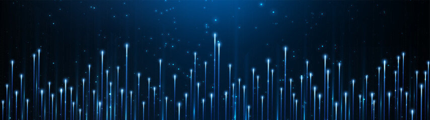 Fototapete - Abstract wide digital technology background. Neon glowing lines, luminous rays in motion, technology, network concept, glowing neon lights. Ai big data, Technology and Science. Technology Vector EPS10