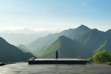 Sticker - wide shot of serene mountain landscape, a tai chi spot