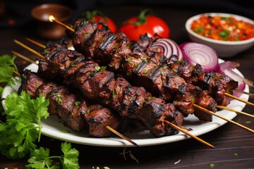 Wall Mural - Appetizing shish kebab on skewers. Traditional American cuisine. Popular authentic dishes. Background