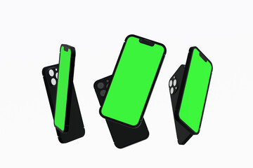 Wall Mural - Set of mobile phone with blank green screen, mockup for web design web pages or banner, promotion, 3D rendering.