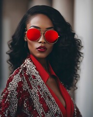 Wall Mural - High fashion studio portrait of young african american woman with red sunglasses