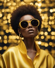 Wall Mural - High fashion studio portrait of young african american woman with yellow sunglasses