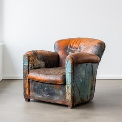 Sticker - An old, rusted leather chair in a room, AI