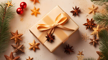 Canvas Print - Gift box with golden bow and star anise. Merry Christmas and Happy New Year. Festive bright beautiful background.