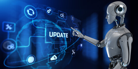 Update system upgrade install. Robot pressing button on screen 3d render.