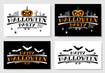 Wall Mural - Happy Halloween party text banner set with scary pumpkin, bats and spider web. Graphic font for holiday poster, invitation or greeting card design. Vector illustration.