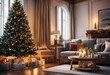 an untidy living room with a christmas tree in it