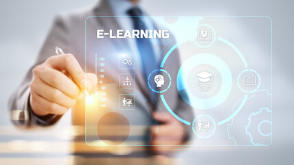 Wall Mural - E-learning Online learning distance education concept. Businessman pressing button on screen.