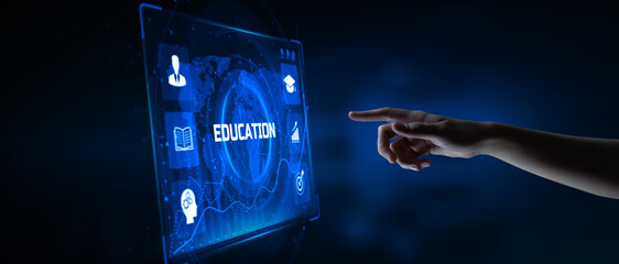 Wall Mural - Education distance e-learning edtech. Hand pressing button on screen.