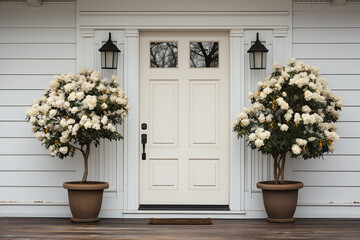 A white door of a residential building and two flowering plants in pots.