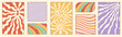 Groovy hippie 70s backgrounds. Waves, swirl, twirl, flower, rays and rainbow pattern. Twisted and distorted vector set in retro psychedelic style. Y2k aesthetic
