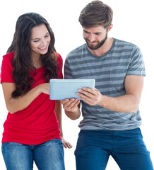 Poster - Digital png photo of caucasian couple using tablet on transparent background
