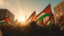 Crowd Of People Protest In The City With Palestine Flags Waved By Palestinian People In The Air - Model By AI Generative