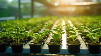 Wall Mural - Growing young green corn seedling sprouts in cultivated agricultural farm field, shallow depth of field.