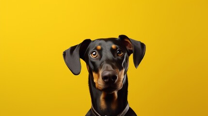 Wall Mural - A Doberman Pinscher in an attentive stance, ears erect, eyes glinting, with a backdrop in stark canary yellow.