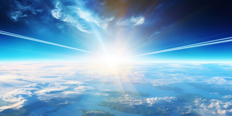 Wall Mural - panoramic view on planet earth globe from space with rising sun. glowing city lights, light clouds. 