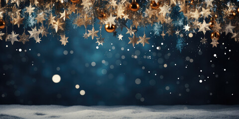 Golden balls, star garland on a blue night snowy background. Christmas banner.Copy space for text