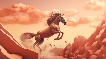 A Thoroughbred caught in the fraction of a second as it leaps over an invisible obstacle, set against a peachy background.