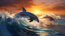 Over Waves That Break In An Effusion Of Marine Splendor, Three Dolphins Ascend, Embodying Nature's Ballet In A Moment Frozen In Time. The Ocean Serves As Both Stage And Applause.