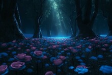 High-definition Cg Rendering Of A Dark Rose Forest With Luminous Rosea. A Path Of Roses Leads Through A Ground Covered In Floating Blue Roses. Generative AI
