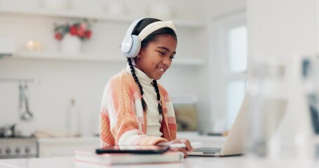 Sticker - Headphones, success and child with a laptop at home for e learning, education and online win. Excited student kid with a fist and technology for internet, school work and development or achievement