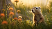 With Tufts Of Fur Waving Lightly In The Evening Breeze, A Ground Squirrel Nibbles On A Blade Of Tall Grass; The Radiant Backdrop Of A Descending Sun Reflects In Its Beady Eyes