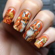 Autumn nail design with fox. Modern beautiful manicure.