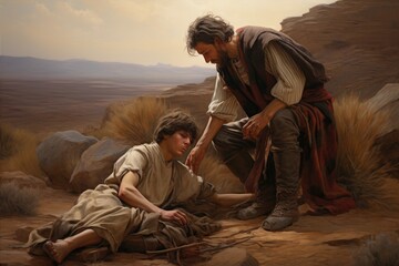 Wall Mural - The Good Samaritan helping the injured man biblical story