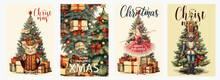 Festive Christmas Illustrations: Vibrant Collection Featuring Mouse King, Elegant Ballerina, And Classic Nutcracker Beside Decorated Trees For Greeting Card, Poster Or Background