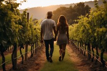 Image of a couple strolling through the vineyard. Generative AI