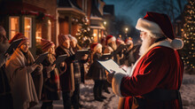 People Are Celebrating New Year, Festive Scene Of Carol Singers Outdoors